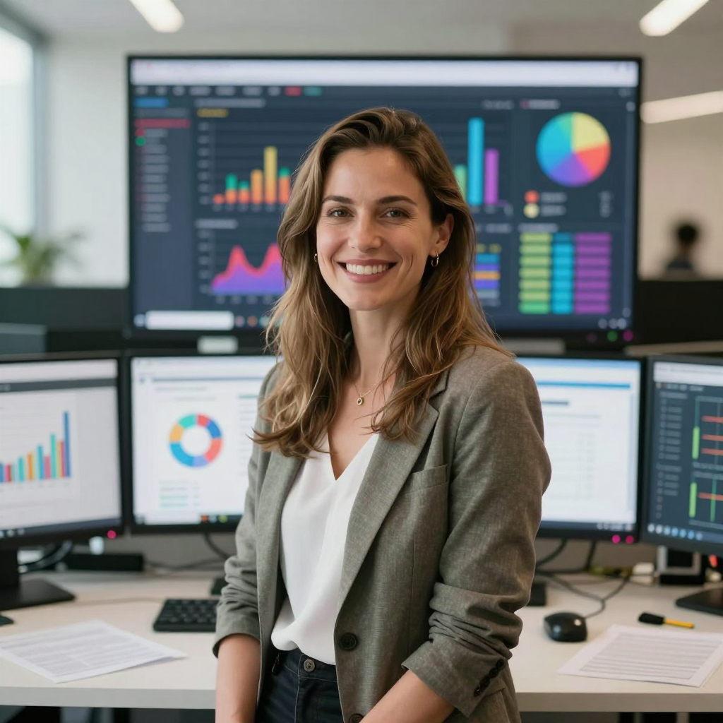 Finance manager smiling at laptop, HubSpot and Xero dashboards visible